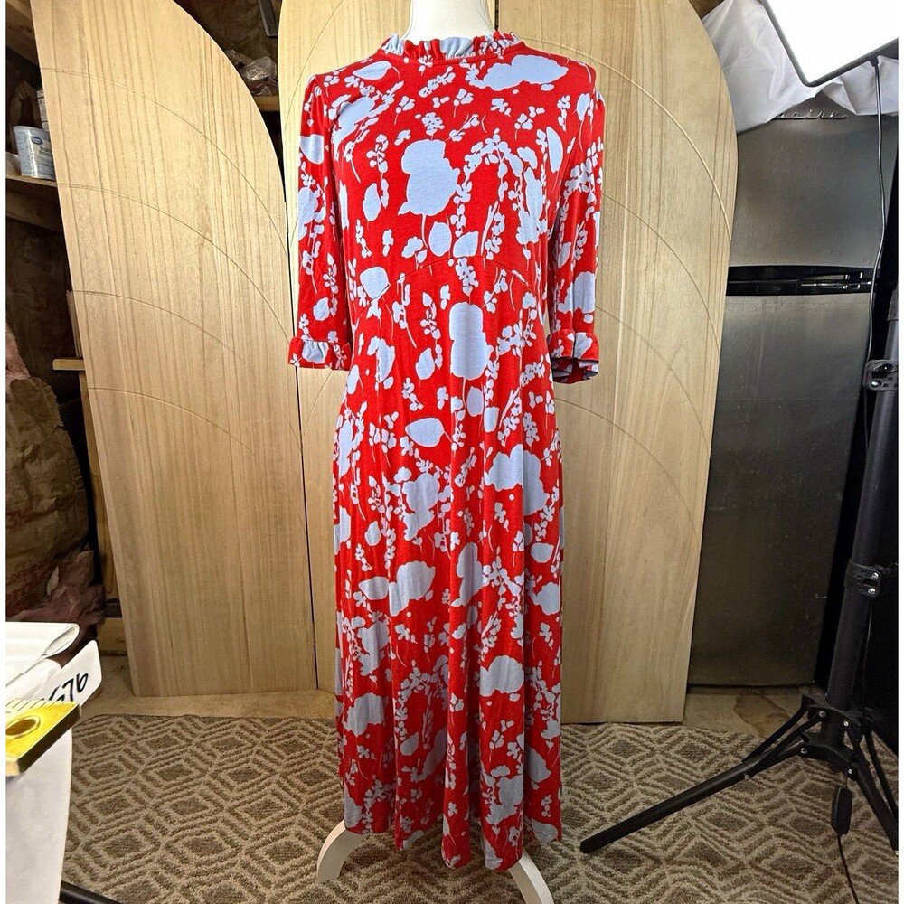 Boden Red Blue Floral Ruffle Neck Midi Dress 12 Mod Cottagecore Prairie